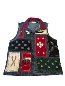 Vintage Christmas Vest Patchwork Embroidered Denim 90s/y2k Country Cottage Home - Picture 1 of 3