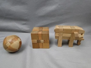 Vintage JAPAN Wooden Kumiki Puzzle Lot Burr Cube Globe Sphere Animal Shape - Picture 1 of 13