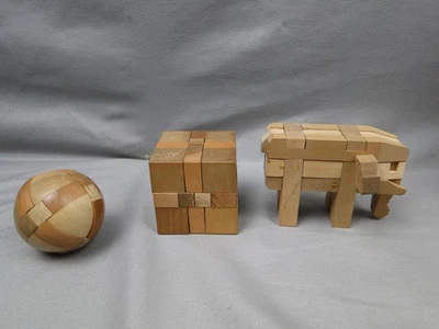 Vintage JAPAN Wooden Kumiki Puzzle Lot Burr Cube Globe Sphere Animal Shape - Image 1 of 4