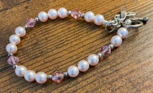 W C STERLING SILVER BRACELET WITH BREAST CANCER AWARENESS CHARM PINK PEARLS - Picture 1 of 4