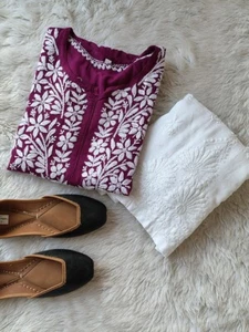 Set Palazzo Chikankari Kurta taglie forti cotone modal kurti set per donna curvy - Foto 1 di 5