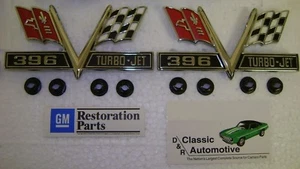 Fender Emblems 396 Turbo Jet Pair Camaro Chevelle 65 66 67 Crossed Flags V-Flags - Picture 1 of 4
