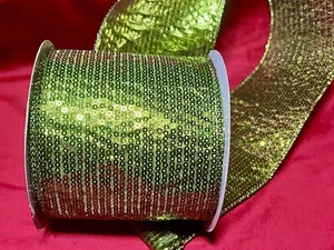 Christmas Green Sequin like, Wired Matrix RIBBON (4” Wide) (10 Yards) - Picture 1 of 7