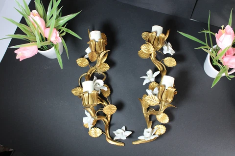 PAIR italian metal gold gilt porcelain faience roses flowers sconces wall lights Cover