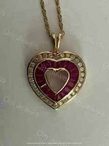 2Ct Baguette Cut Red Ruby Open Heart Pendant 14K Yellow Gold Finish Free Chain - Picture 1 of 4