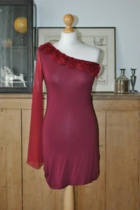 Miso Burgundy One Shoulder Jersey Embellished Bodycon Mini Dress Size UK 12 - Picture 1 of 11