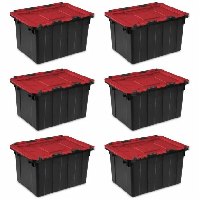 Sterilite 14619006 12 Gallon Hinged Lid Industrial Tote, Pack of 6 - Black/Red