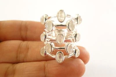 Rainbow Moonstone Cluster 925 Sterling Silver Ring Size 6.75, 7.75, 8.75  - Image 1 of 4