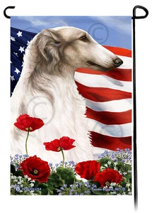 Patriotic Flowers Garden Flag - Grey and White Borzoi - Picture 1 of 1