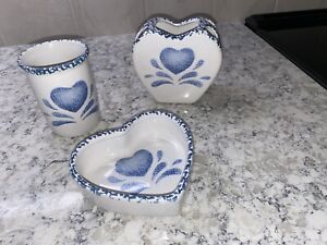 Blue Hearts Toothbrush Holder Cup Heart Bowl Lot Corning Ware Corelle Vintage