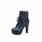 Ladies Lace Up Buckle Ankle Boots High Block Heels Platform Round Toe Punk Shoes