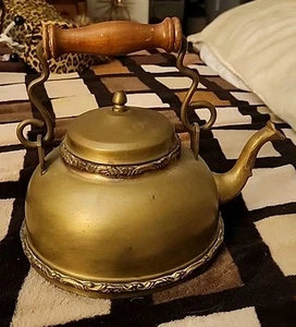 Vintage Tea Pot Kettle Ornate Patina Decor Wood Handle 8" Tall 7" Diameter K - Picture 1 of 11