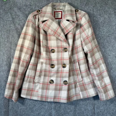 Y2K Wool Blend Pea Coat Jacket XL Tan Plaid Old Navy Windowpane Academia Preppy - Image 1 of 4