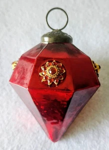 Rare! Vintage German Kugel Diamond Shape Red Glass Christmas Ornament w/Jewels - Picture 1 of 4