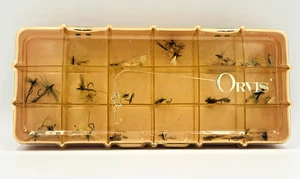 Vtg Bill Dewitt Orvis Logo Fly Fishing Box ~ Hinged ~ 18 Compartment w/41 Flies - Picture 1 of 8