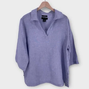 Tahari 100% Linen V Neck Popover Top Women's 1X Plus 3/4 Sleeve Chambray Blue - Picture 1 of 11