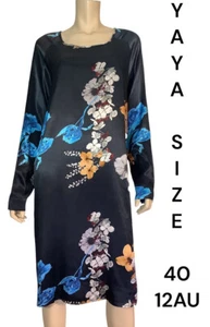 🌻YAYA WOMEN SIZE 40/12 AU FLORAL SATIN BLACK DESSIN DRESS NWT - Picture 1 of 11