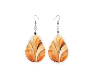 Orange Fan Print Wood Dangle Teardrop Print Earrings Jewelry - Picture 1 of 8
