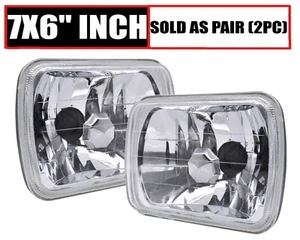 7" 7X6 Inch LED White Halo Diamond Cut Chrome Projector Headlights Headlamp Pair - Picture 1 of 12