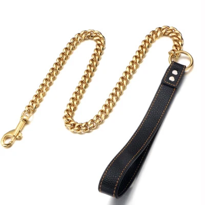 DOG LEASH STAINLESS STEEL CURB CHAIN 4FT W/LEATHER HANDLE For Walking Running - Image 1 of 4