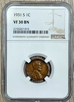 1931 S Lincoln Wheat Cent NGC VF 30 Brown, Semi-Key Date Penny - Image 1 of 4