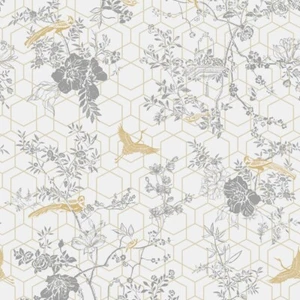 Muriva Lipsy London Himara Grey Gold Wallpaper 144072 - Geo Floral Birds - Picture 1 of 4