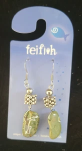 NEW Feifish Green/Brown/White Stone with Silver Toned Beads Dangle Earrings 2" - Picture 1 of 1