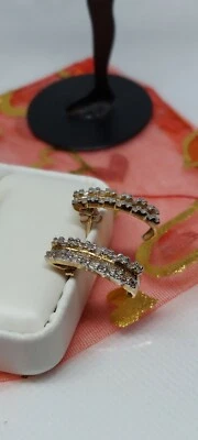 1.00ct round natural diamond 1/2 hoop earrings 14kt baguette three row J4147MYS - Image 1 of 4