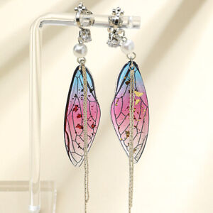 1pair Fashion Butterfly Wing Ear Clip Earrings Chain Dangle Faux Pearl Earring 