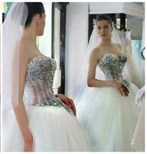 Sparkly Ball Gown Sweetheart Crystals Beaded Wedding Dresses Custom Bridal Gowns - Picture 1 of 6