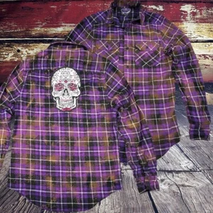 Angry Minnow Flannel Shirt Womens Small Purple Acid Wash Plaid Skull Biker - Picture 1 of 15