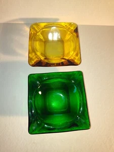 2 Vintage MCM Anchor Hocking Ashtrays Yellow Green Glass 4 1/2” Square Ash Tray - Picture 1 of 8
