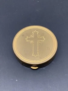 Antique Religious Cross Brass Pocket Pill/Snuff Box Etched 1.5” EUC - Picture 1 of 4