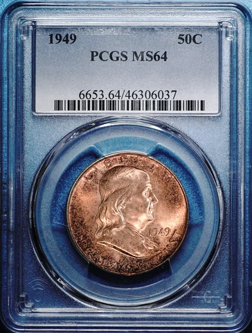 1949 Franklin Half Dollar Silver UNC Mint Toned, PCGS MS64 Nice Bell Lines, 037 Cover