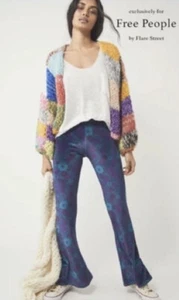 Free People Flare Street Montana Flares Floral Velvet Pull On Pant Blue L NWT - Picture 1 of 4