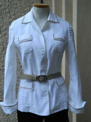 Blazer Chaqueta de Primavera Elie Tahari Lino Cinturón Blanco Topo Borde 8 Corre Pequeño Foto 1 de 4