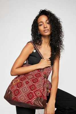 Free People Luma Red Tapestry Print Leather Tote Shoulder Bag Purse - Image 1 of 4