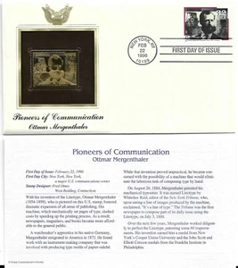 Pioneers of Communication- Ottmar Mergenthaler--1st day issue-Golden Replica - Picture 1 of 1