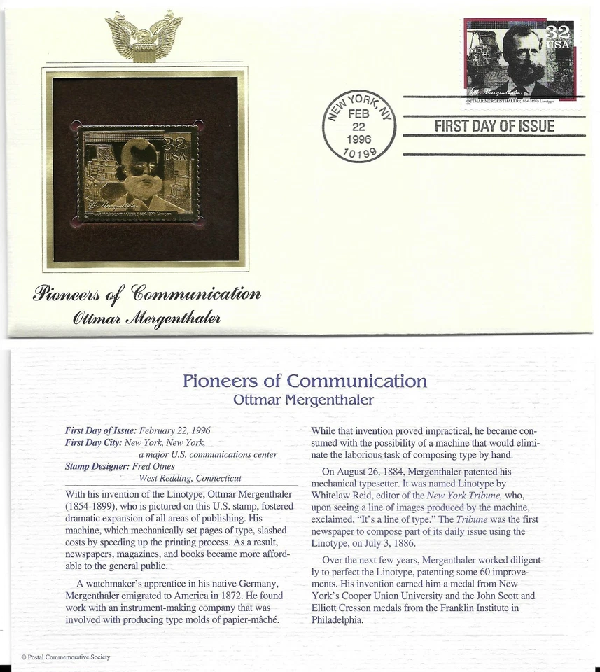 Pioneers of Communication- Ottmar Mergenthaler--1st day issue-Golden Replica - Image 1 of 1
