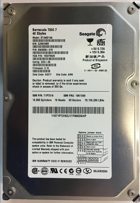 9W2005-076 - Seagate 40GB 7200 RPM IDE 3.5" HDD - Image 1 of 1