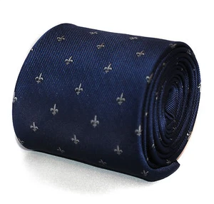 Navy Fleur De Lis Pattern Mens Tie by Frederick Thomas RRP £19.99 FT644 - Picture 1 of 4