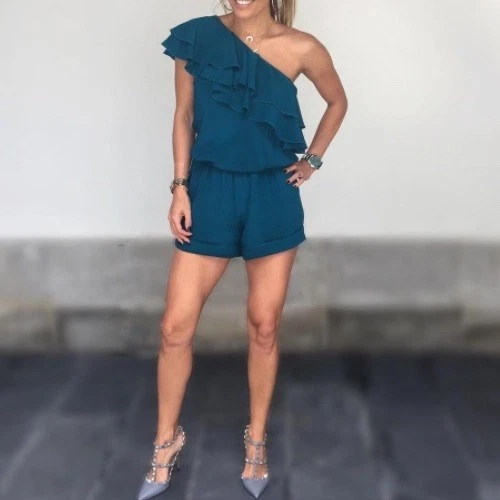 KARINA GRIMALDI INTERMIX Silk Teal Ruffle One Shoulder Shorts Romper S - Imagem 1 de 3