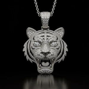 Colgante Hip Hop Diamante Simulado Redondo 1.5Ct Cara de Tigre Chapado en Oro Blanco 14k - Imagen 1 de 3