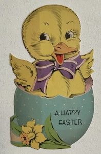 1943 Easter Card Cute Little Duck Peeping From It’s Shell #b7 - Picture 1 of 3