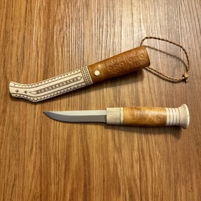 Anders Sunna Knife Vintage 1970s Swedish Made Antler Scrimshaw w/ Leather Sheath - Image 1 of 4