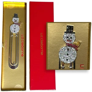 Vintage Liz Claiborne Schneemann Strass Lesezeichen Weihnachten Urlaub Dekor mit Box Geschenk - Bild 1 von 14