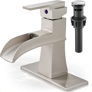 Bathroom Faucet, Waterfall Bathroom Faucet With Pop Up Short Brushed Nickel - Picture 1 of 6