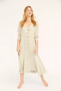 NEW FREE PEOPLE Sz XS / S MATHILDA BUTTON FRONT HENLEY PULLOVER MIDI DRESS GREEN - Picture 1 of 3