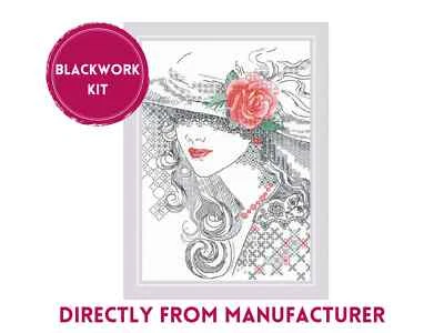 RIOLIS Blackwork Kit 1887 Mysterious Rosе- Beautiful Lady with Hat and Red Rose - Image 1 of 4