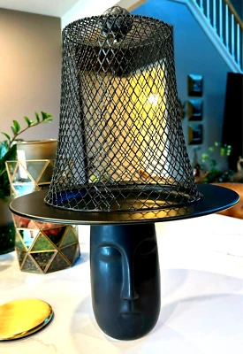 Metal Matte Black PEDESTAL CAKE SERVING STAND Plate Tray FACE Man Hat Dome Lid - Image 1 of 4